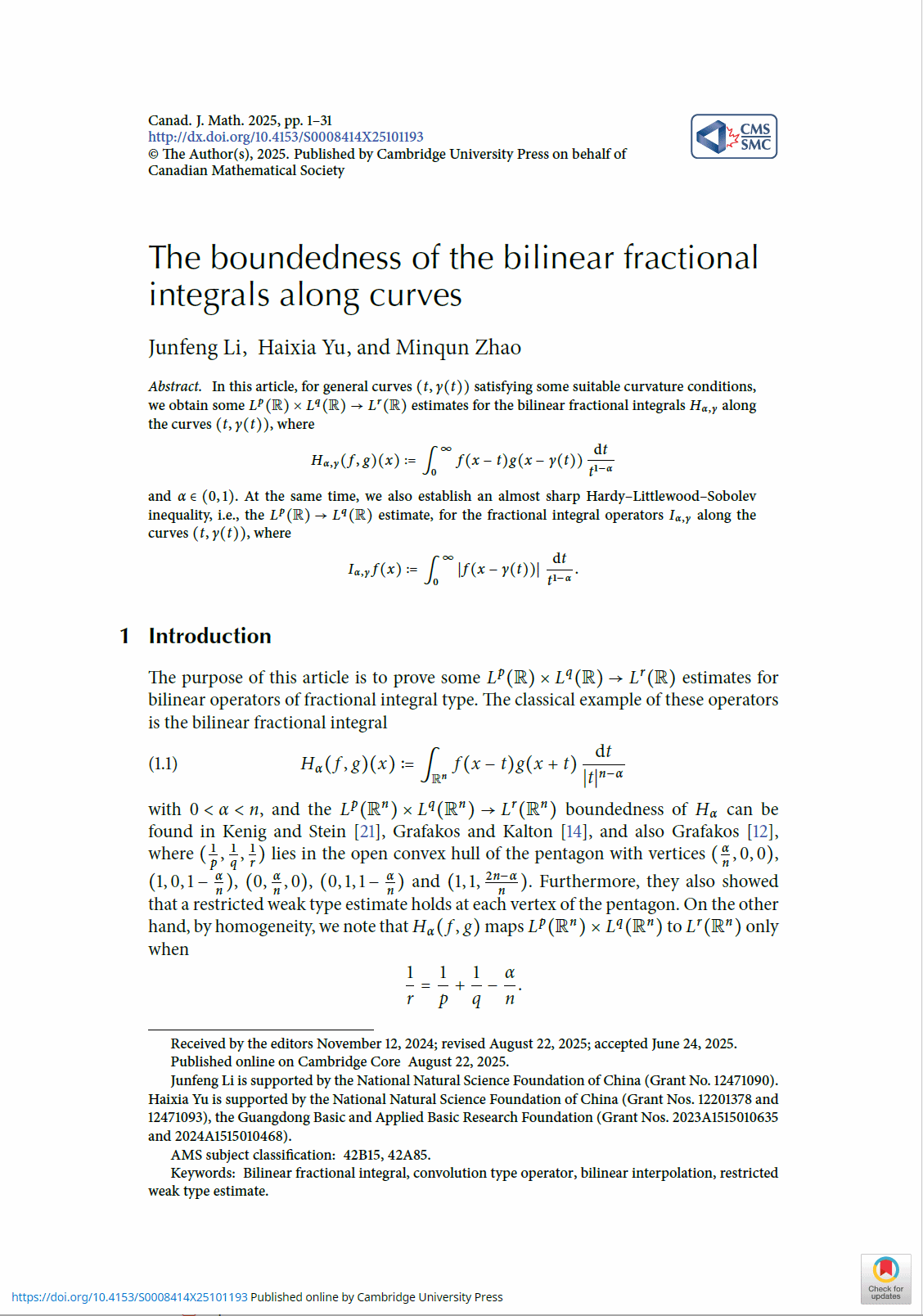 数学系2025届硕士研究生赵敏群在国际知名学术期刊《Cana